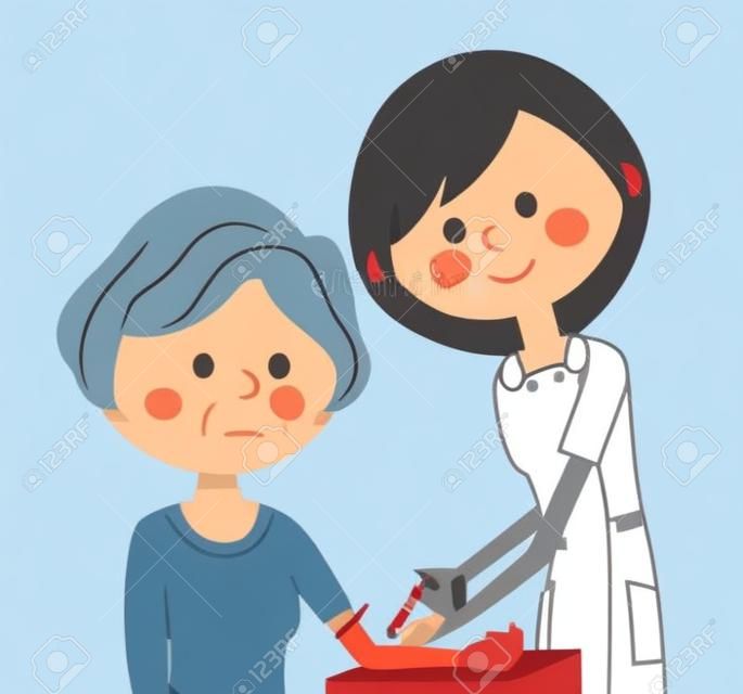 Nurse and the elderly, blood collection vector illustration.