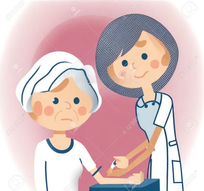 Nurse and the elderly, blood collection vector illustration.