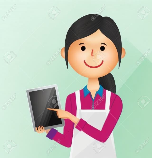 Woman wearing apron, Tablet