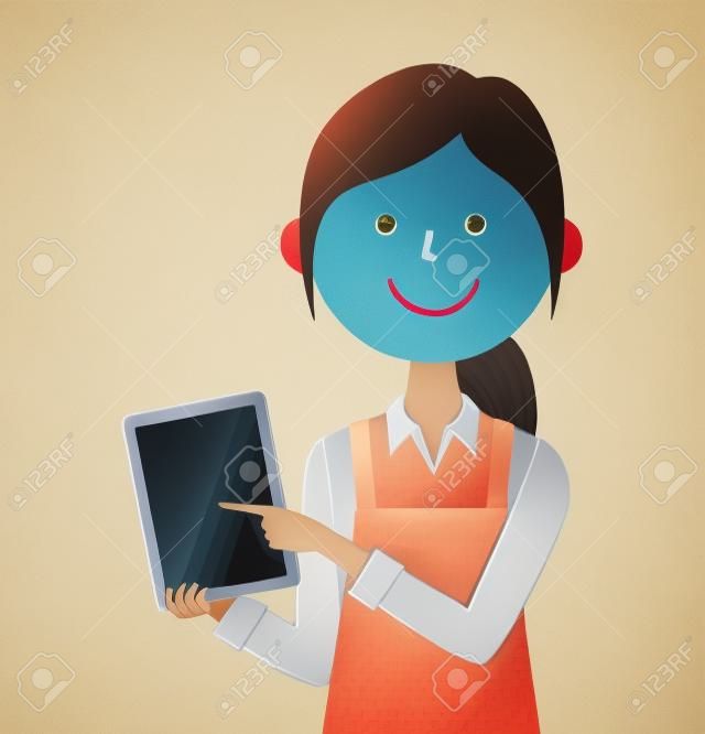 Frau mit Schürze, Tablet