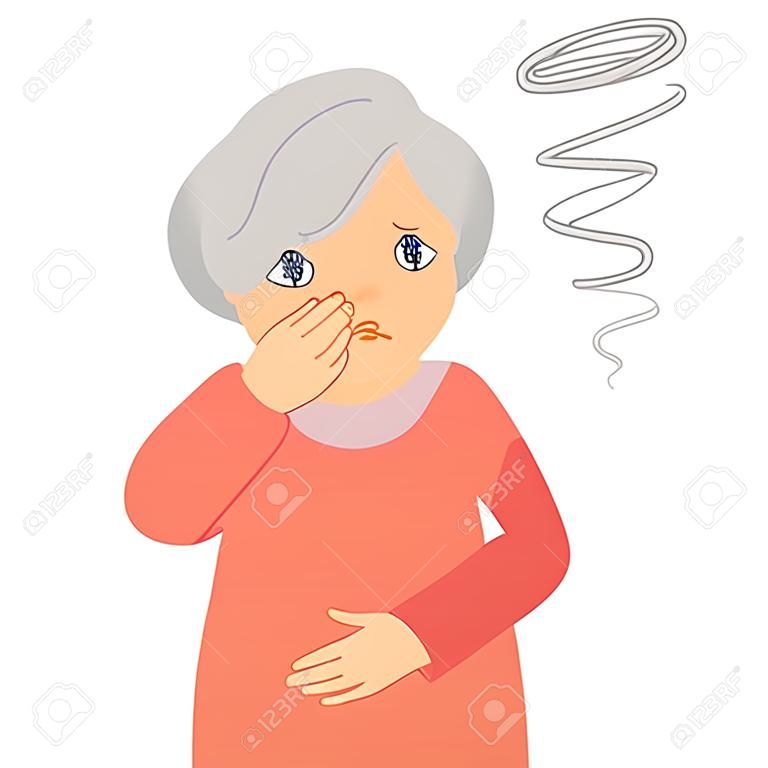 Es una ilustración de una anciana que tiene náuseas.