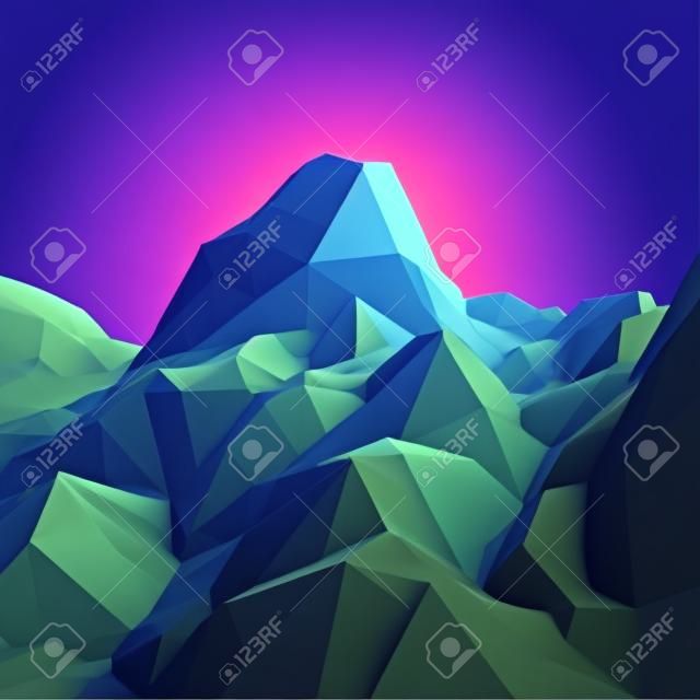 Low Poly Geometric 3D Mountain Landscape. Mountainous Terrain. Cyberspace Grid. 3D Wireframe Terrain. Mountain Design. Abstract Background with Dotted Grid. A Glowing Grid. 3D Technology Vector.