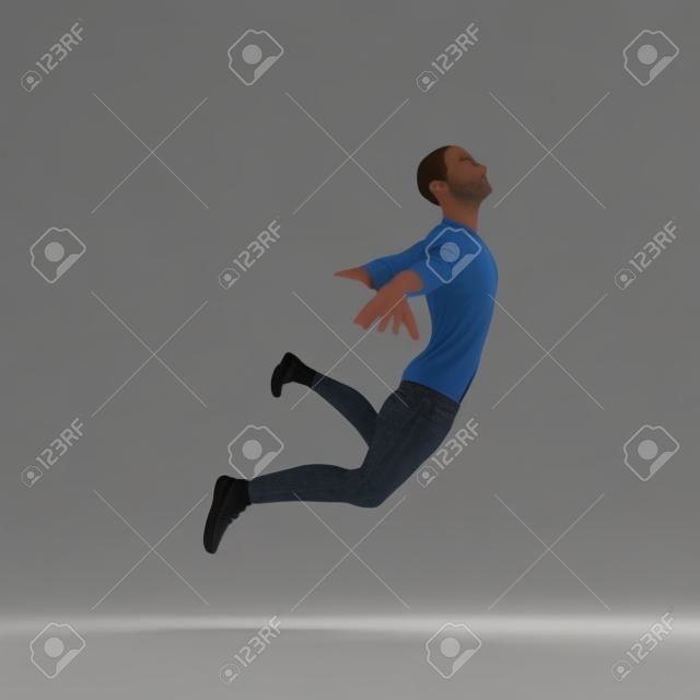 Flotando en el aire. Hombre que flota en el aire. Modelo 3D del Hombre.