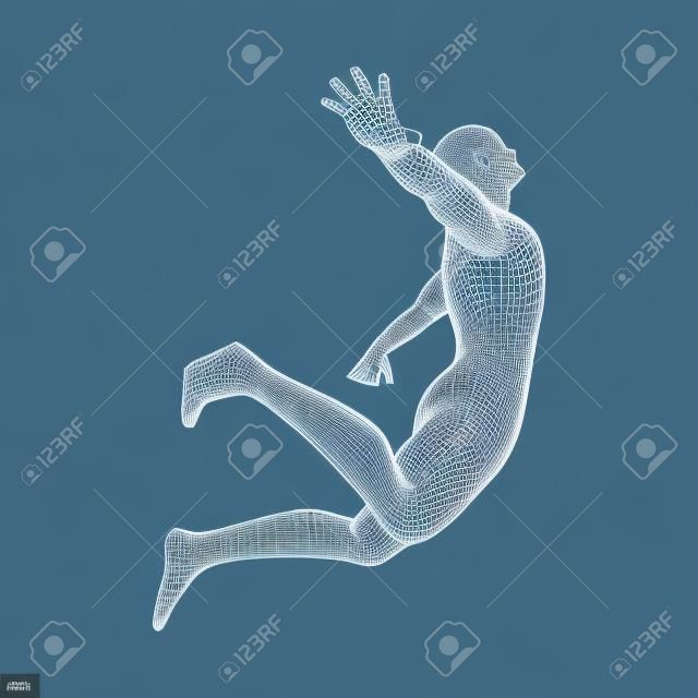 Jump Man. Diseño poligonal. Modelo 3D del hombre Diseño geométrico Negocio, ciencia y tecnología ilustración vectorial. Piel que cubre poligonal 3D Cuerpo de polígono humano. Modelo de cable de cuerpo humano.