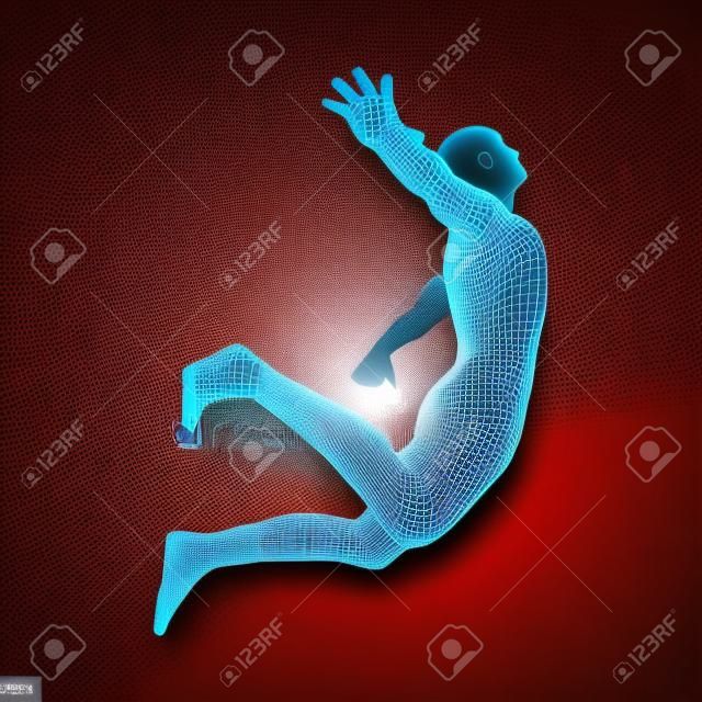 Jump Man. Diseño poligonal. Modelo 3D del hombre Diseño geométrico Negocio, ciencia y tecnología ilustración vectorial. Piel que cubre poligonal 3D Cuerpo de polígono humano. Modelo de cable de cuerpo humano.