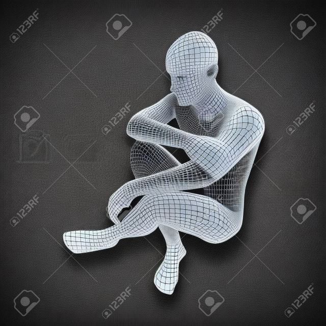 Man in a Thinker Pose. 3D Model of Man. Geometric Design. Human Body Wire Model. Business, Science, Psychology or Philosophy Vector Illustration.