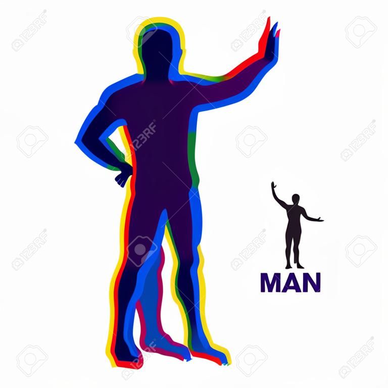 Vector l'uomo con la mano fino a fermarsi. Gesto di arresto di rappresentazione umana. Silhouette di un uomo in piedi. Illustrazione vettoriale