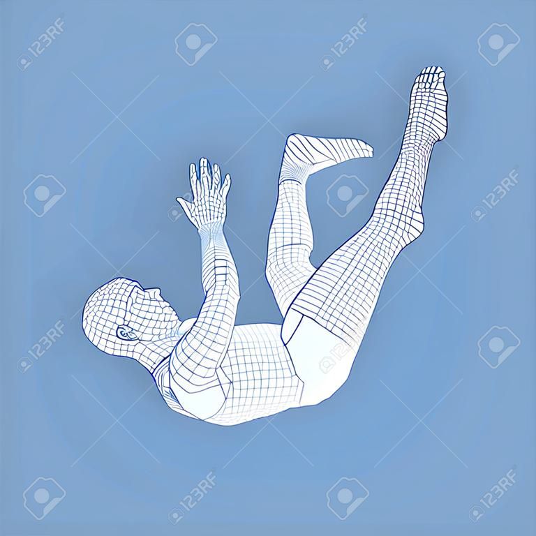 Homem 3d deslizando e caindo. Silhueta de um homem caído para baixo. Modelo 3D do homem. Modelo do corpo humano. Ilustração vetorial.