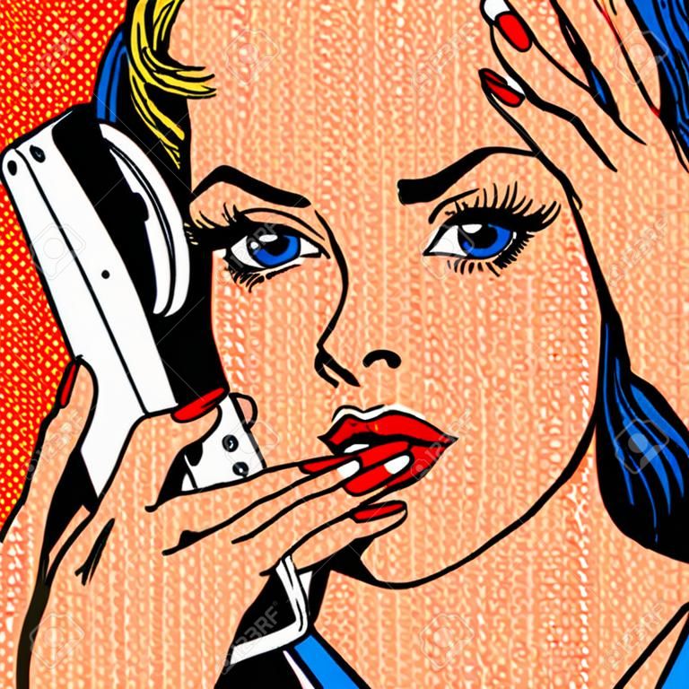 Pop-Art-Weinlese-Comic. Mädchen Telefongespräch retro background