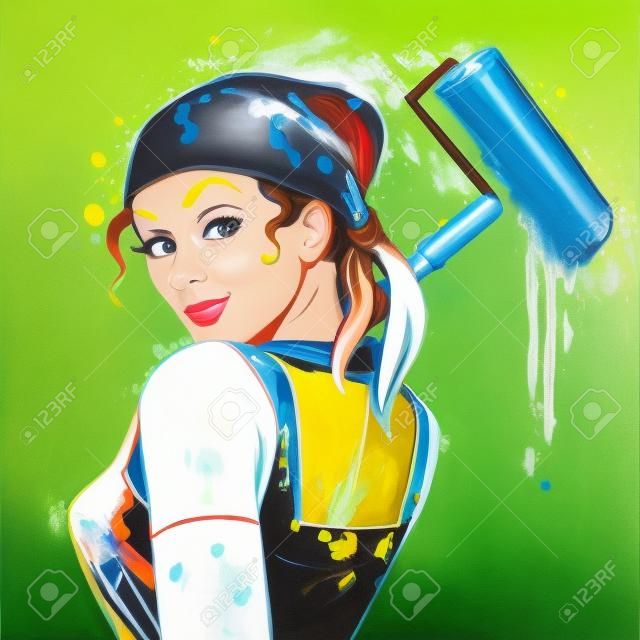 Girl painter profession paint job designer. Girl with roller for paint while working