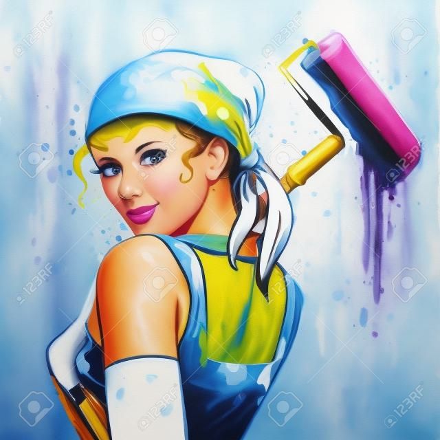 Girl painter profession paint job designer. Girl with roller for paint while working