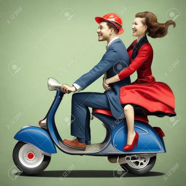 Un homme et une femme sont à cheval d'un transport de style rétro scooter