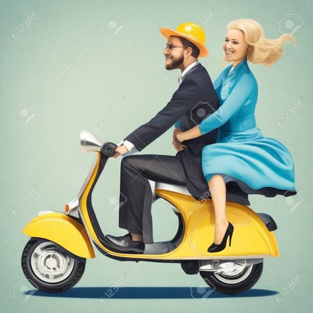 A man and a woman are riding a scooter retro style transport