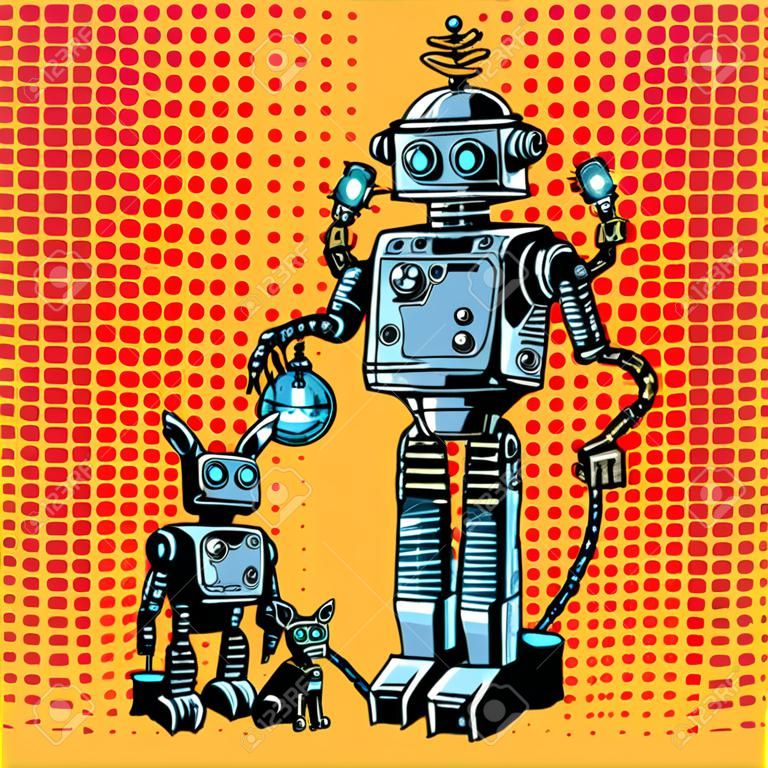 Roboter und Roboterhund Zukunft Science-Fiction-Retro-Stil