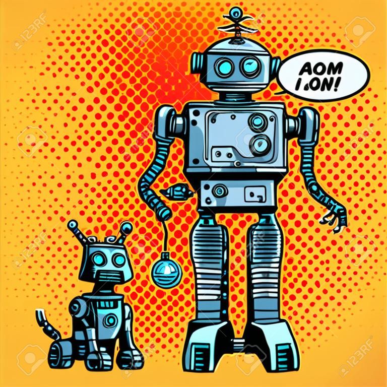 로봇과 로봇 개 미래 공상 과학 소설 레트로 스타일