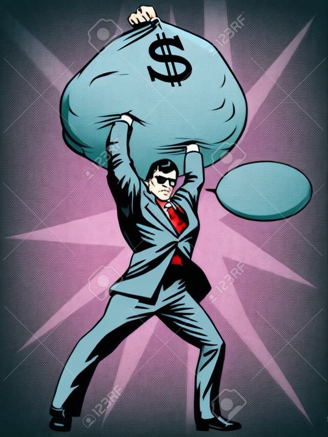 Gigantyczne zyski sukcesu finansowego. Super bohater biznesmen z torbą pieniędzy. Koncepcja biznesowych. Pop-art w stylu retro