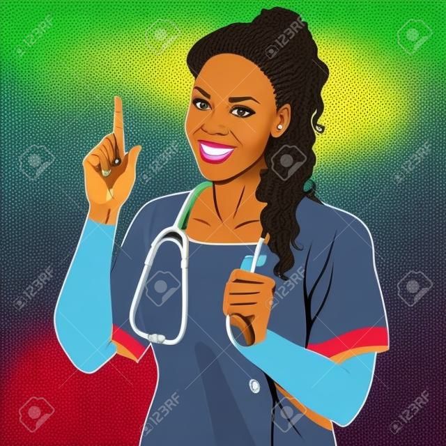 Weiblicher Doktor, der afrikanischen. Der erwachsene Arzt den Therapeuten lächelt. Der Berufsstand der Medizin und Gesundheit Pop-Art Retro-Stil