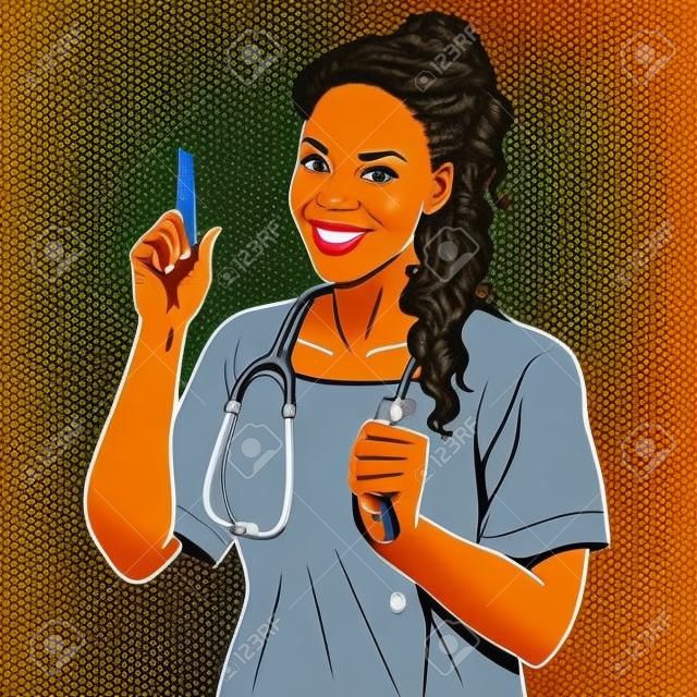 아프리카의 여성 의사. 성인은 치료 미소를 의사. 의학 및 건강 팝 아트 복고 스타일의 직업