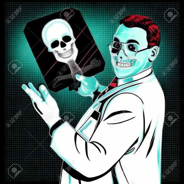 의사와 외과 의사 엑스레이 두개골. 의학 및 건강 팝 아트 복고 스타일