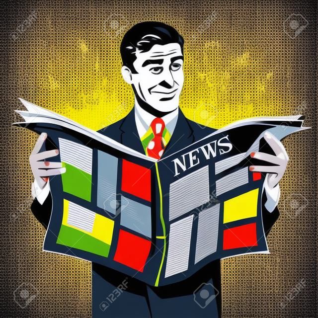Человек бизнесмен газета поп-арт ретро стиль чтения новостей