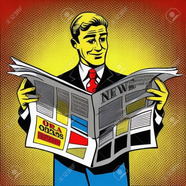 Noticias de lectura del estilo del arte pop retro periódico hombre de negocios