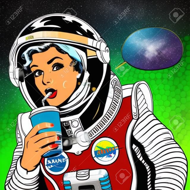 Astronauta fêmea bebendo soda pop art estilo retro