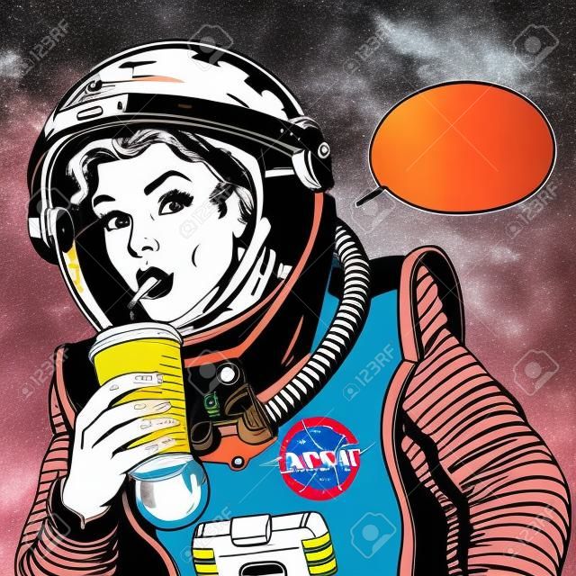 Mujer astronauta bebiendo refrescos estilo retro pop art