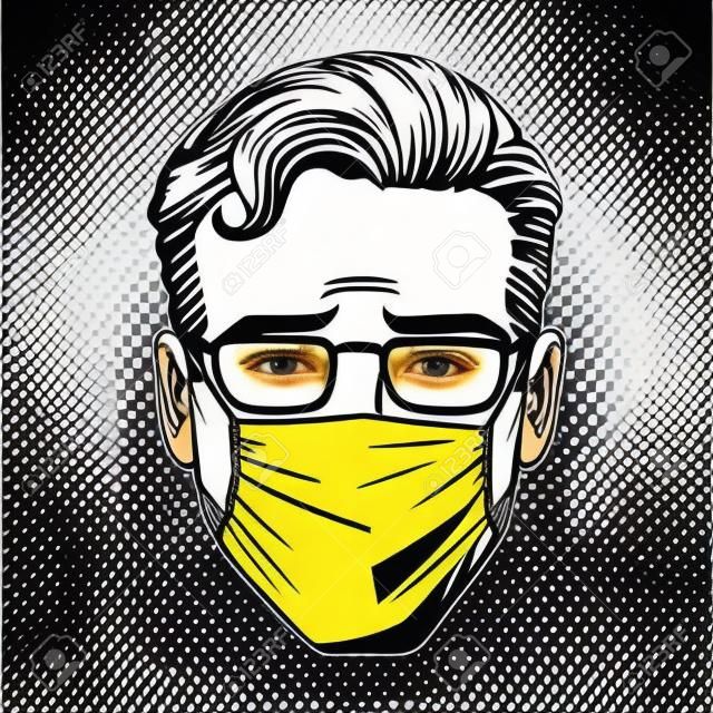 Retro эмодзи больное вирусная инфекция медицинская маска лицо мужчина поп-арт стиль