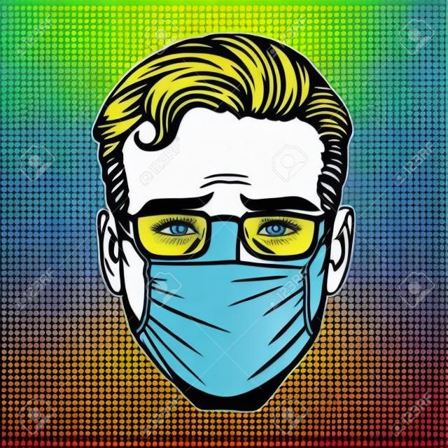 Retro Emoji sore virus infection medical mask face man pop art style