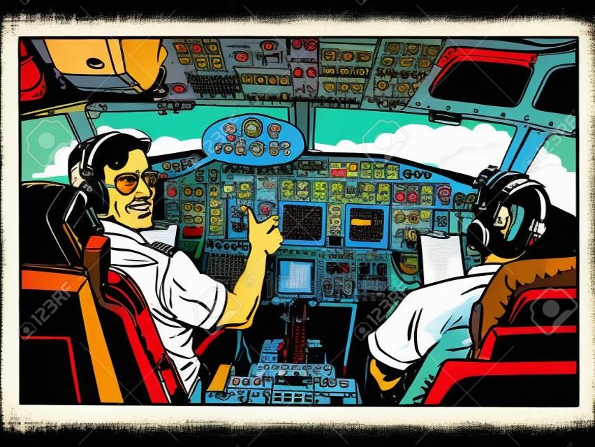 Pilotos de cockpit de aeronaves Capitão de avião pop art estilo retro. Aviação e viagens