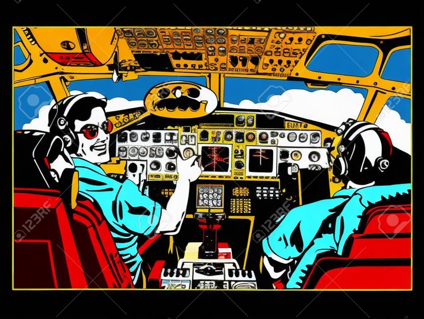 Aircraft cockpit pilots airplane captain pop art retro style. Aviation and travel