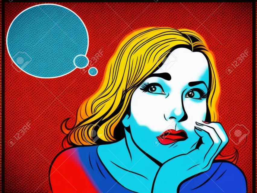 Beautiful girl dreams portrait pop art retro style. The woman thinks. The desires of a woman