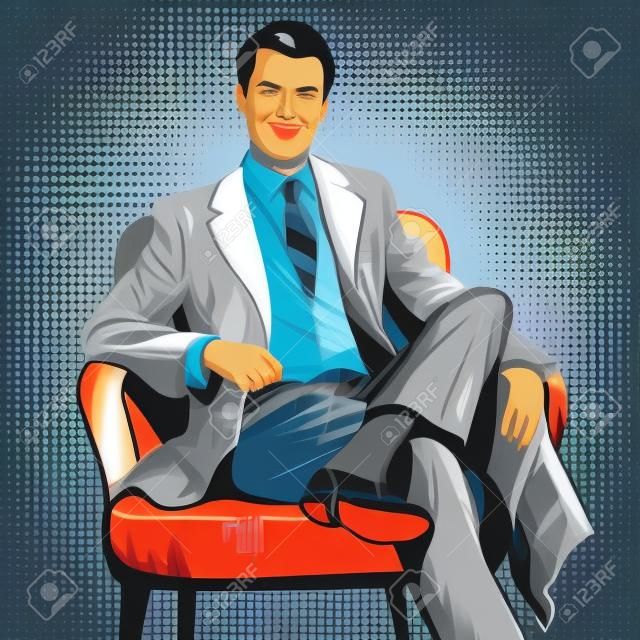 Boss businessman Director pop art retro style. Top Manager. A successful business. Portrait of a businessman. The man with the newspaper. The man in the chair. Businessman vector