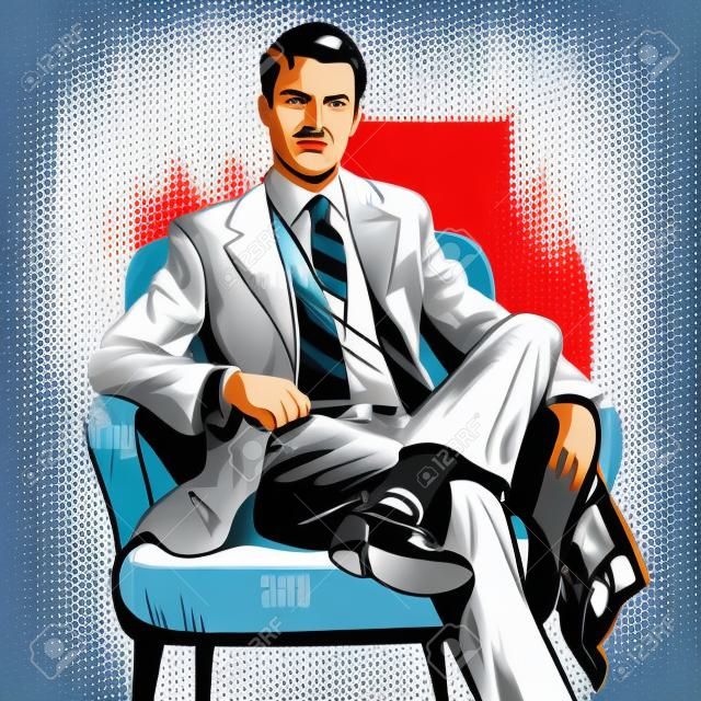 Boss businessman Director pop art retro style. Top Manager. A successful business. Portrait of a businessman. The man with the newspaper. The man in the chair. Businessman vector