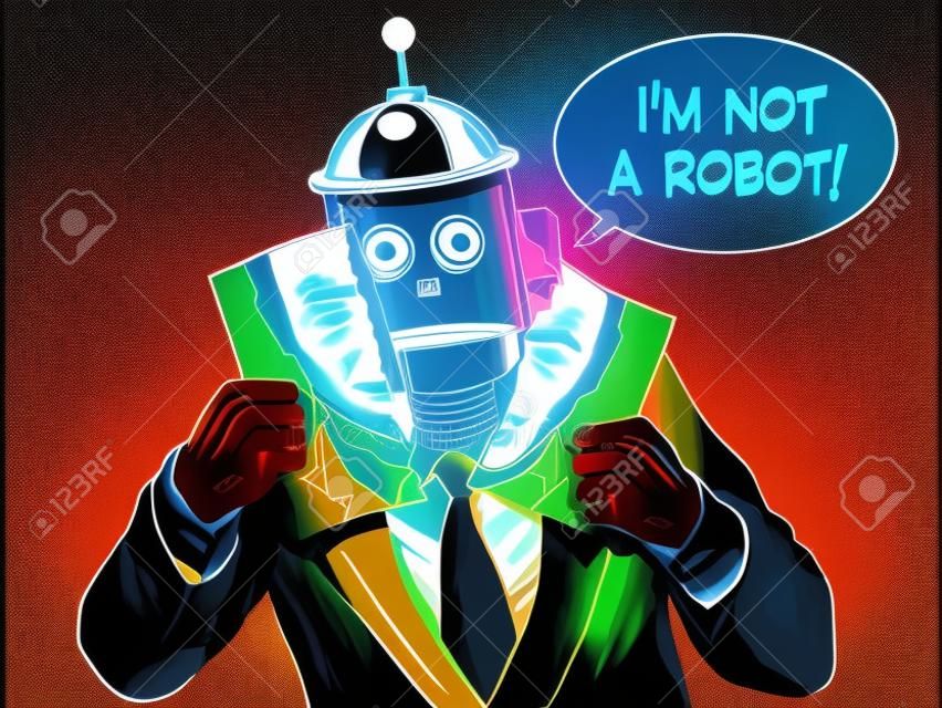Roboter Vortäuschen künstliche Intelligenz menschliche Pop-Art Retro-Stil sein. Wissenschaft und Technik. Retro Roboter