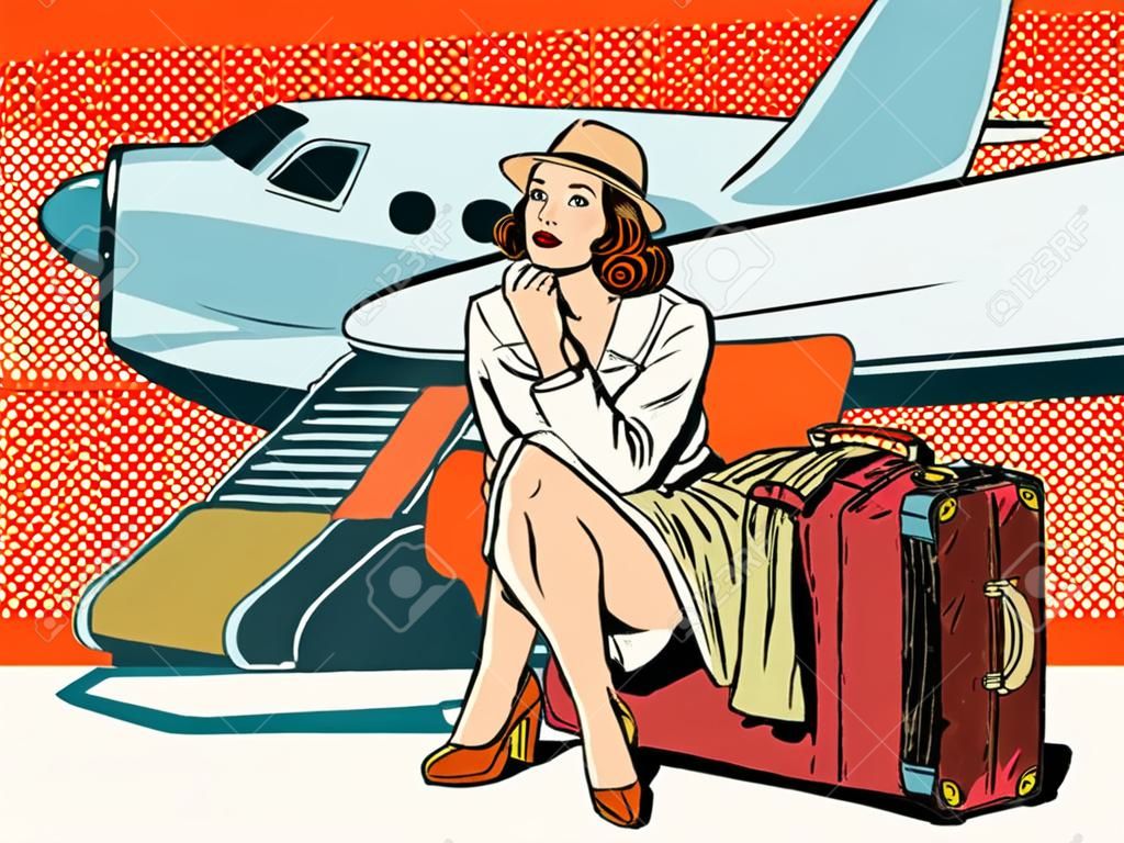 坐在旅行箱上的游客坐飞机流行艺术复古风格的旅程和冒险沉重的行李