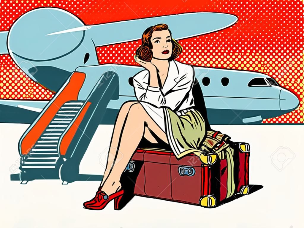 Tourist girl sitting on a suitcase, travelling by plane pop art retro style. Journey and adventure. Heavy baggage.