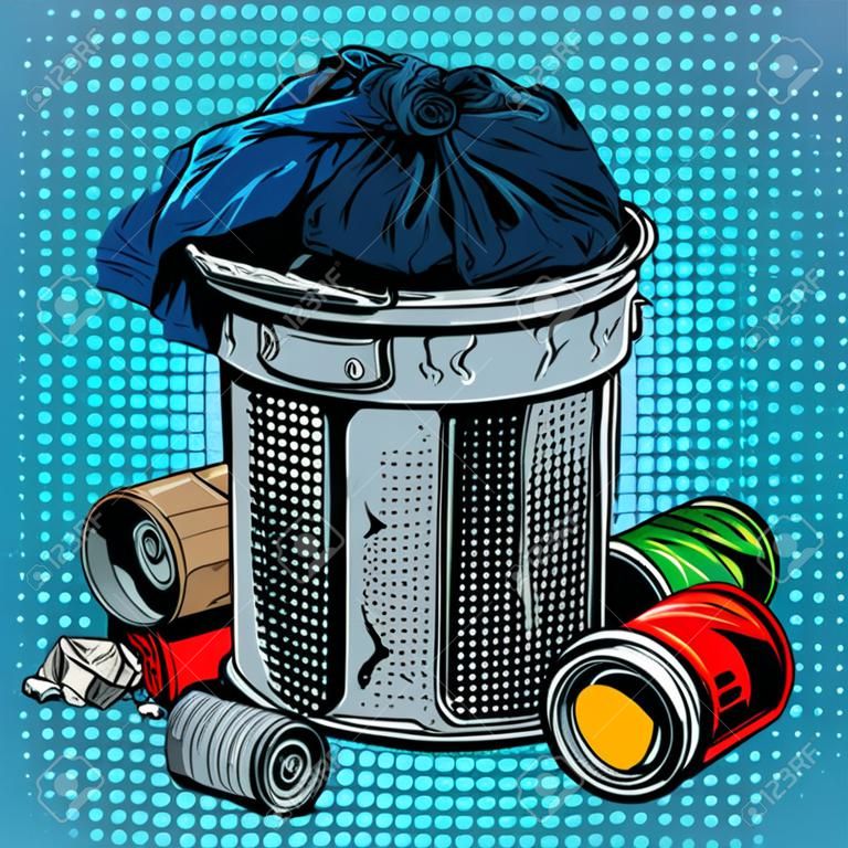 trash tin cans ecology recycling pop art retro style. Garbage and environmental problems. Pollution of the urban environment and the planet. Waste man