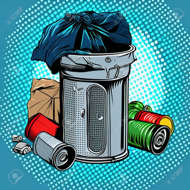 Boîtes de poubelles recyclage de l'écologie style rétro pop art. Déchets et problèmes environnementaux. Pollution de l'environnement urbain et de la planète. Waste man
