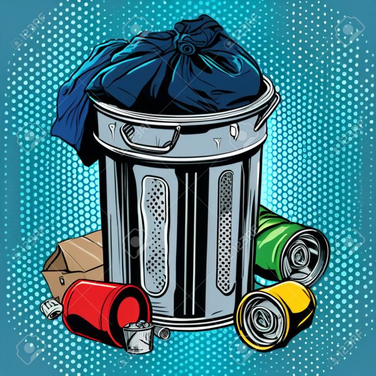 Boîtes de poubelles recyclage de l'écologie style rétro pop art. Déchets et problèmes environnementaux. Pollution de l'environnement urbain et de la planète. Waste man