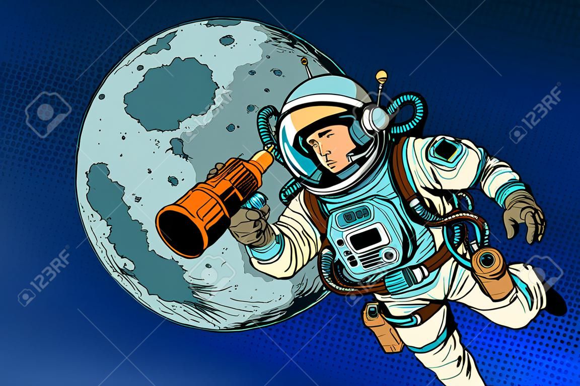 與宇航員在月球上的波普藝術復古風格鑽和手電筒。維修和建設。月球和其他行星的殖民化