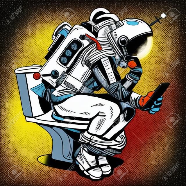 Astronaut thinker on the toilet reading a smartphone pop art retro style. Space, and technology. Humor