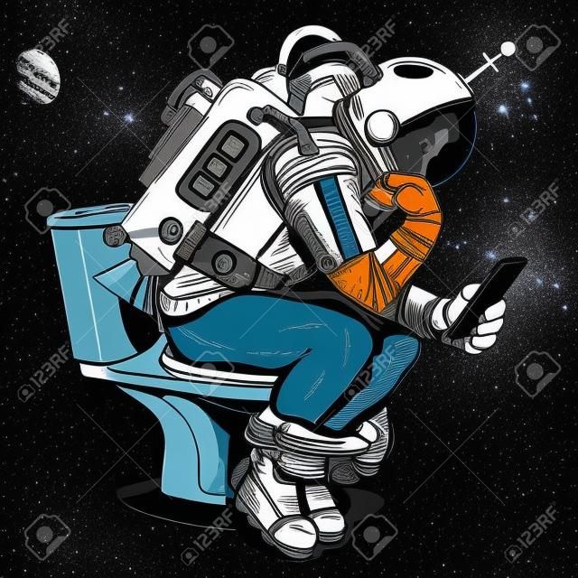 Astronaut thinker on the toilet reading a smartphone pop art retro style. Space, and technology. Humor