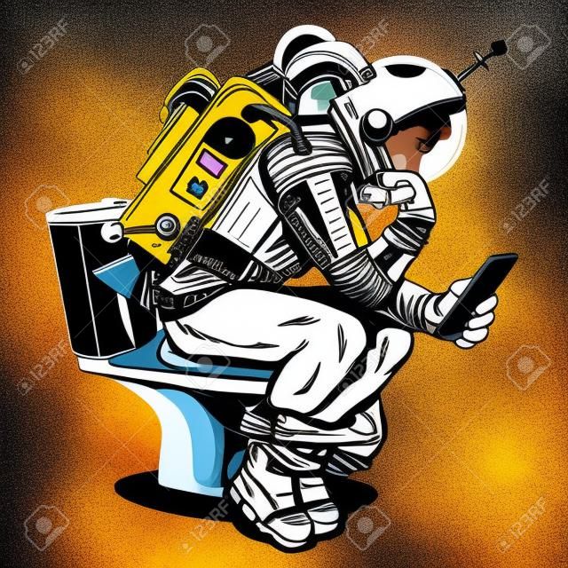 Pensador de astronauta no banheiro lendo um estilo retro de arte pop smartphone. Espaço e tecnologia. Humor