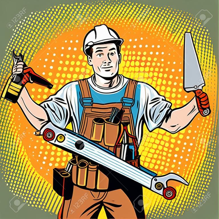 multi-armati maestro di riparazione pop professionista arte stile retrò. Industria riparazione e costruzione. Uomo con gli strumenti nelle sue mani.