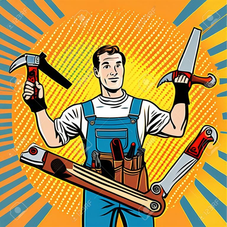 multi-armed master repair professional pop art retro style. Industry repair and construction. Man with tools in his hands.