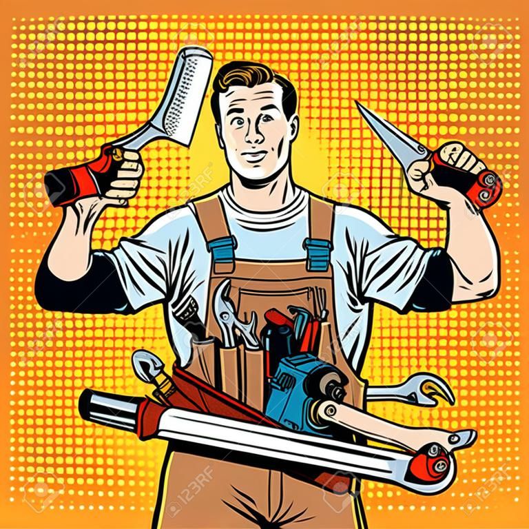 multi-armati maestro di riparazione pop professionista arte stile retrò. Industria riparazione e costruzione. Uomo con gli strumenti nelle sue mani.
