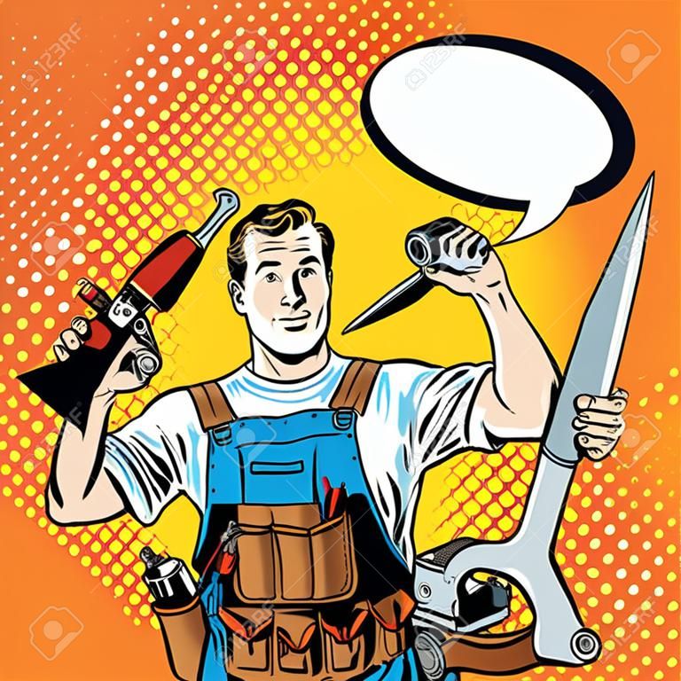 multi-braço mestre reparação profissional pop art estilo retro. Reparação e construção da indústria. Homem com ferramentas em suas mãos.
