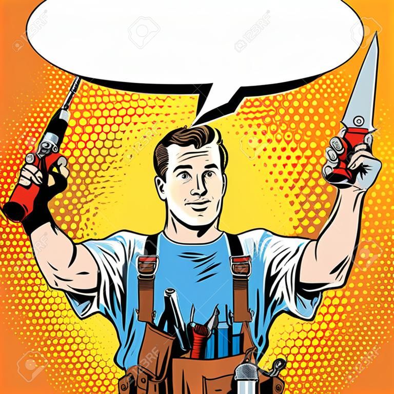 multi-armed master repair professional pop art retro style. Industry repair and construction. Man with tools in his hands.