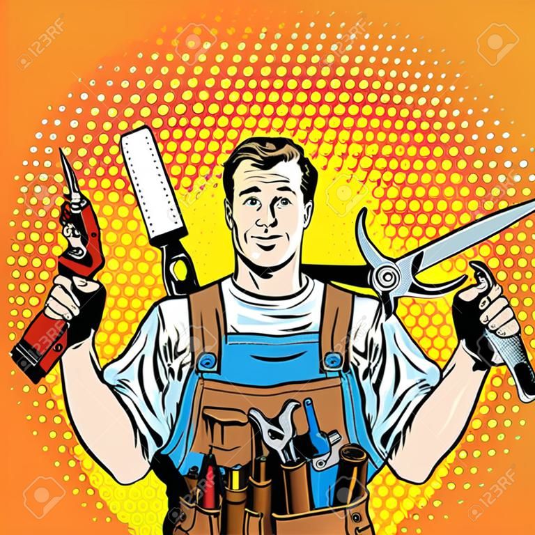 multi-armée master réparation pop art professionnel style rétro. la réparation de l'industrie et la construction. Man avec des outils dans ses mains.